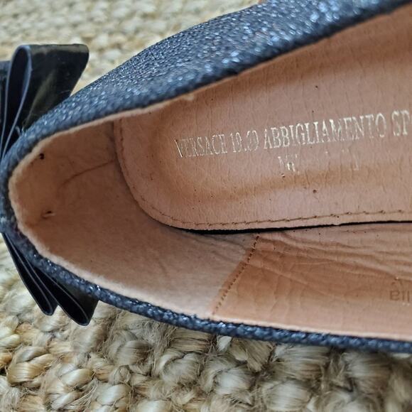 Versace Girls Shoes 2 Black Ballerina Imperio Rhinestones Flat Slip On Bow - Picture 8 of 16